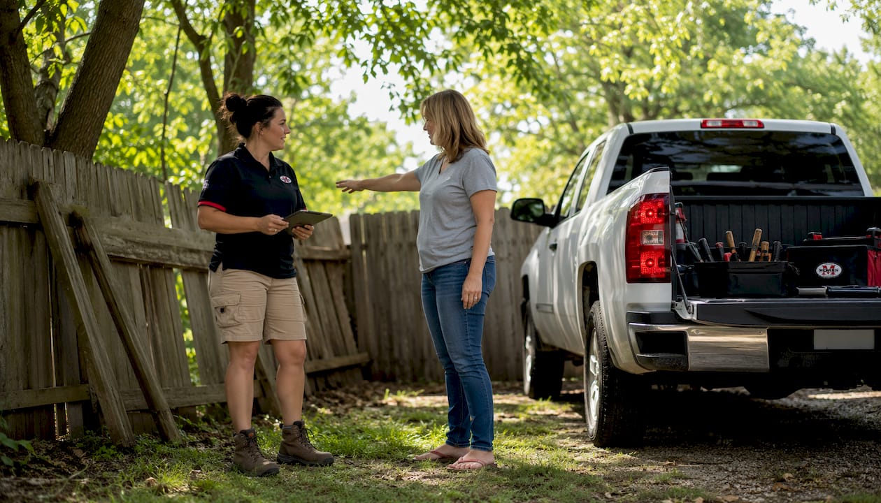 Contractor reviewing fence repair estimate with homeowner