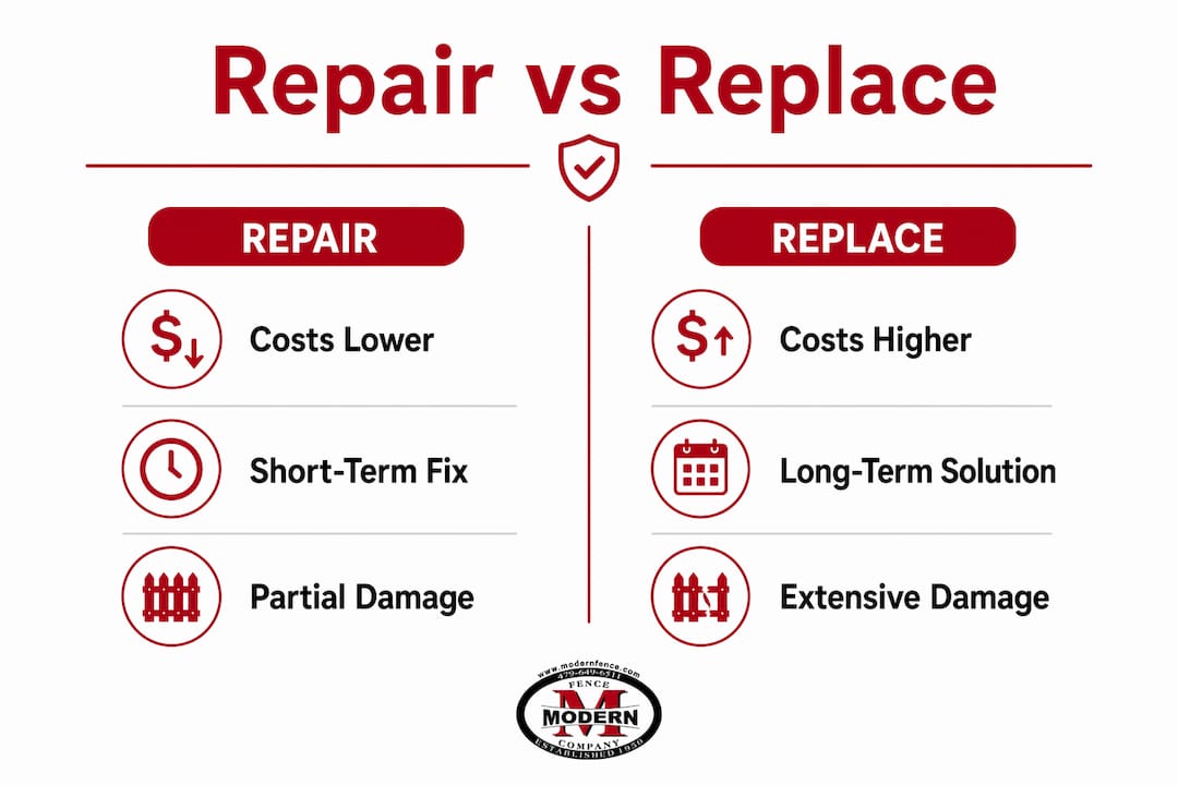 Infographic comparing fence repair and replacement decisions