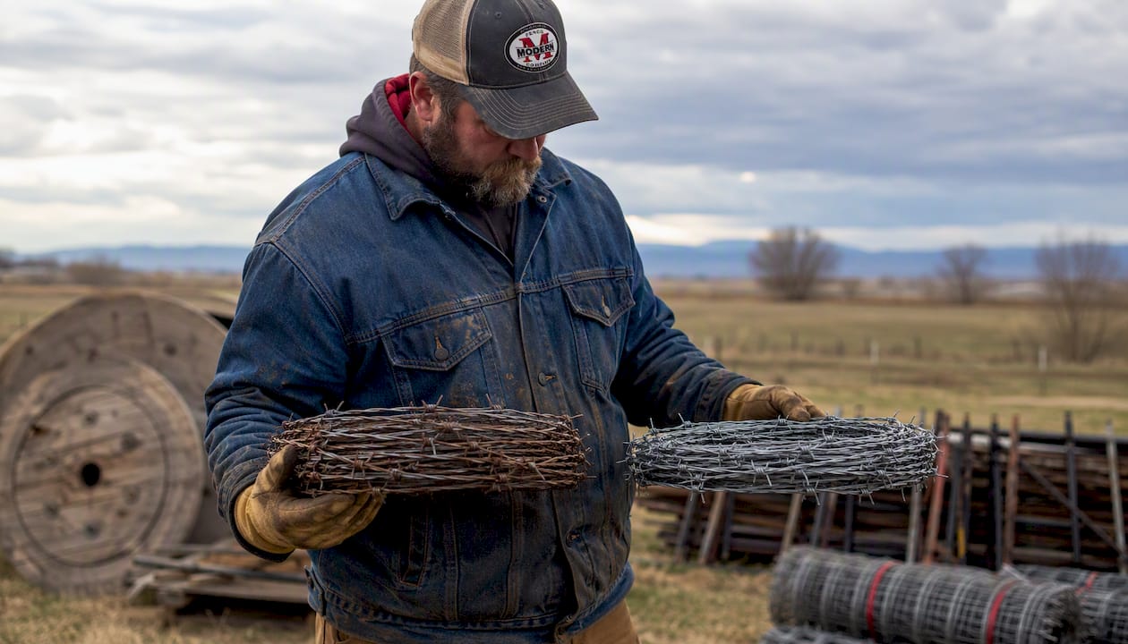 Hands holding two types of barbed wire rolls