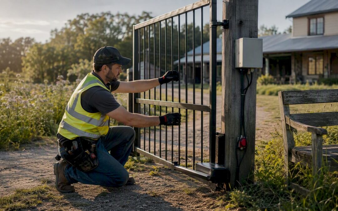 Technician inspecting residential automatic gate