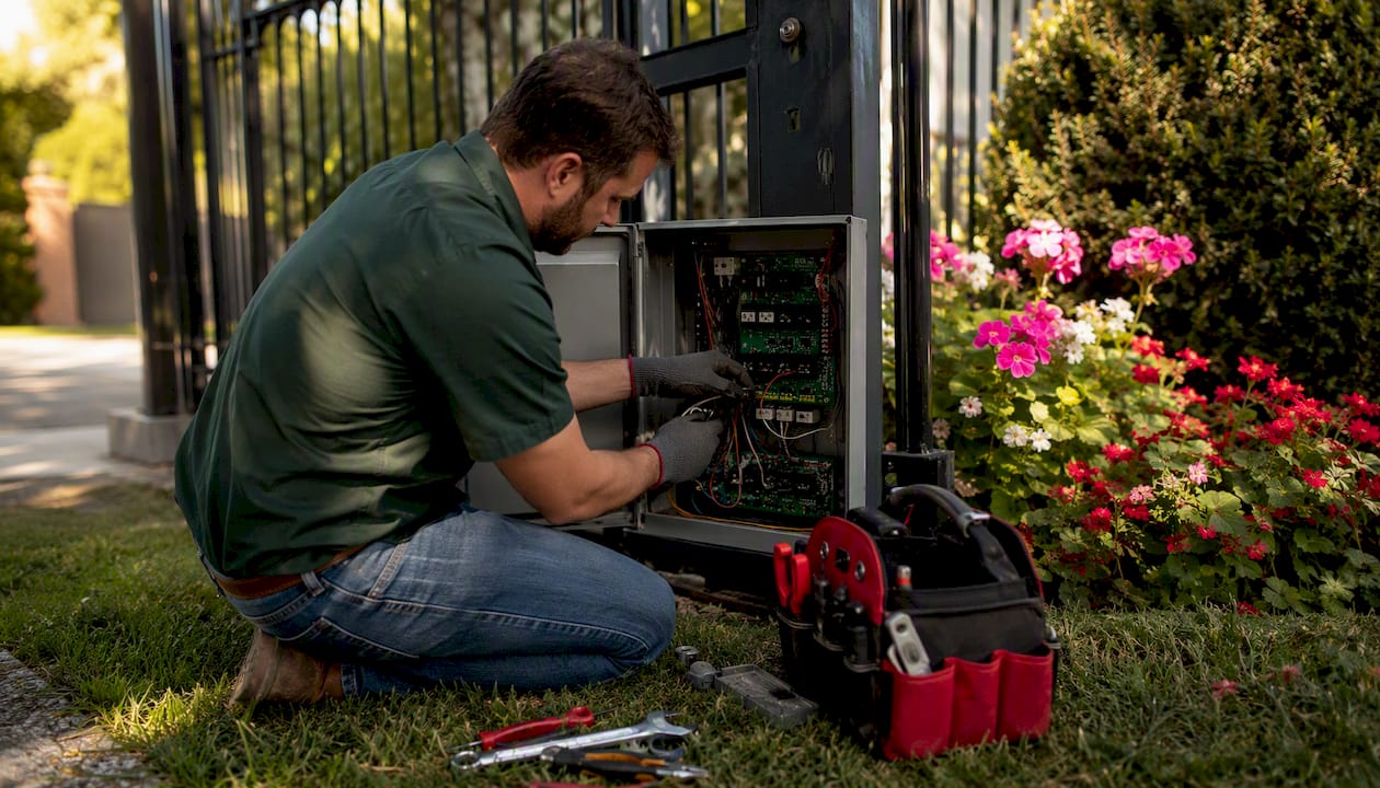 Technician repairing gate control wiring close-up