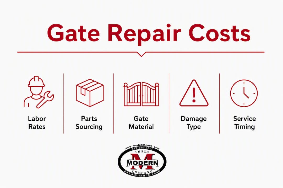Infographic showing main factors influencing gate repair costs