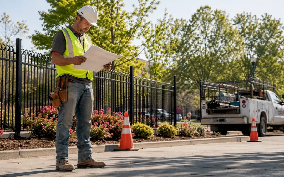 Installer reviewing commercial fence plans outdoors