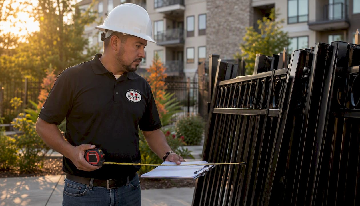 Contractor measuring iron fence panels outdoors