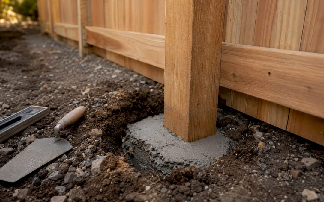 Fence post embedded in concrete footing