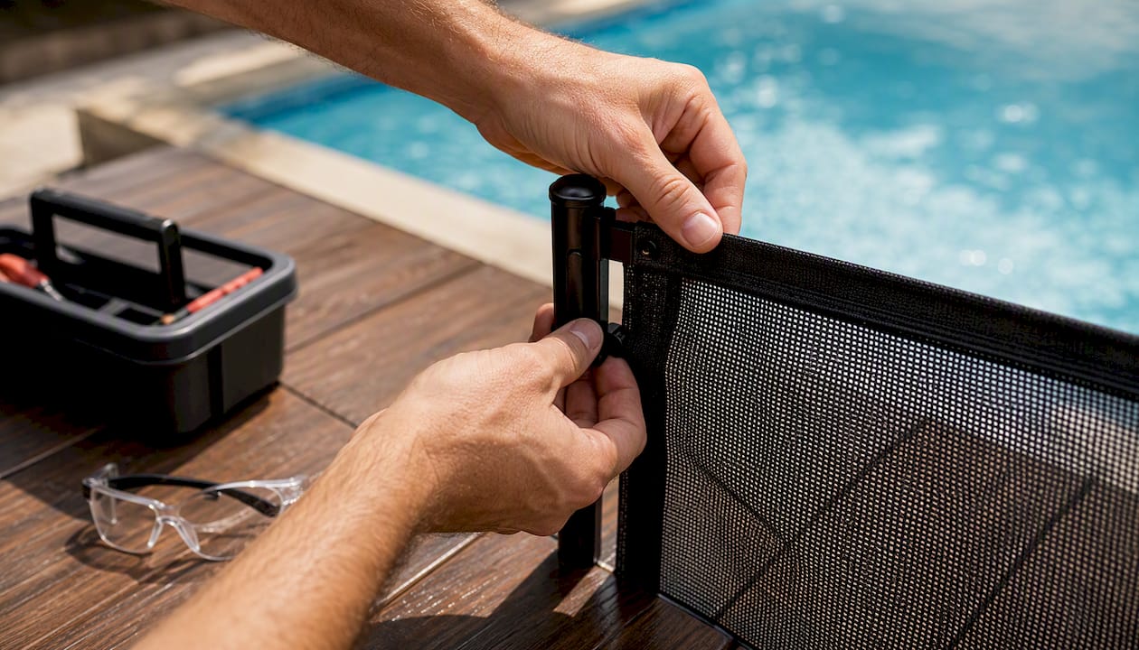 Hands installing removable mesh fence