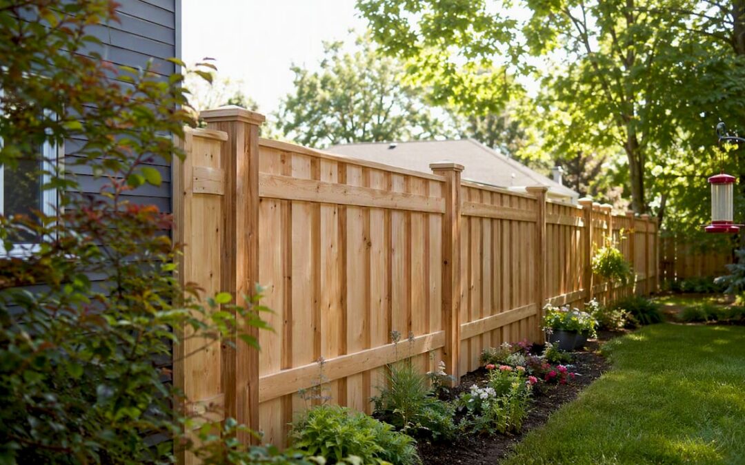 Symmetric wood good neighbor fence in backyard