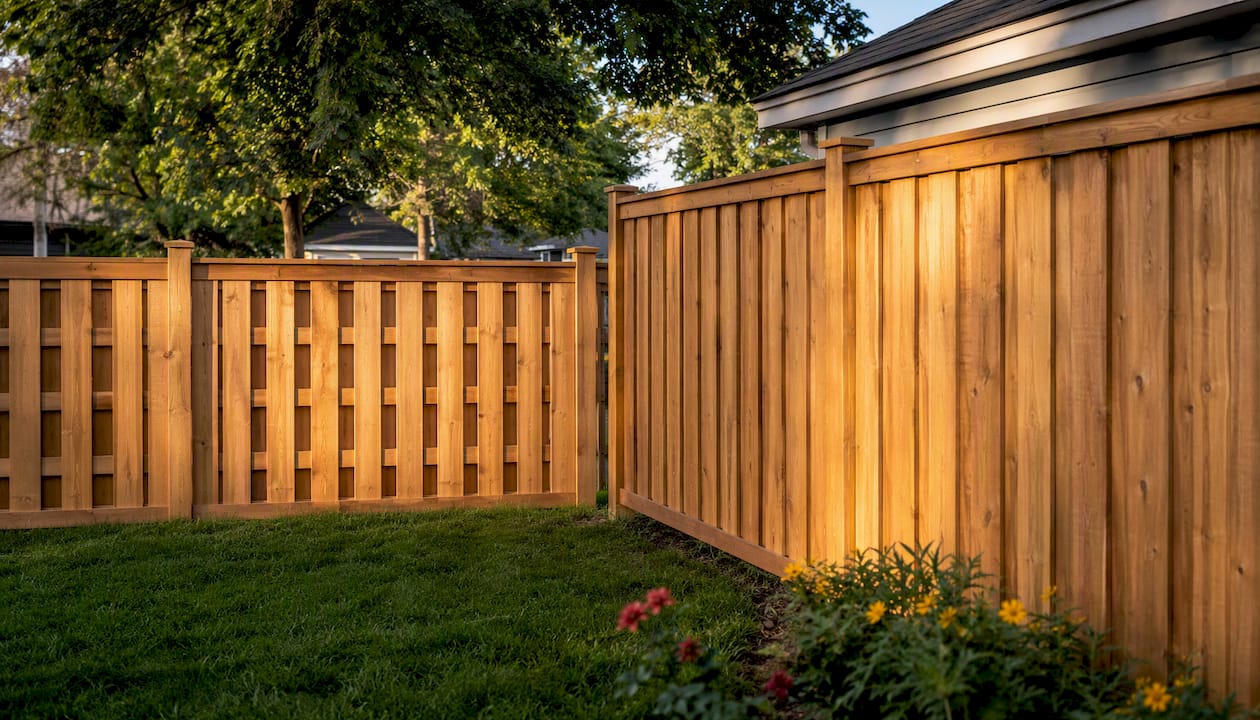 Side by side wood fence shadowbox and board-on-board