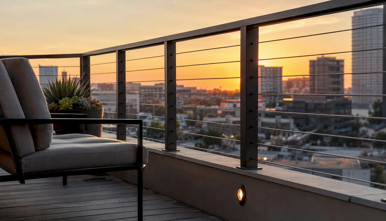 Horizontal metal cable railing on rooftop deck