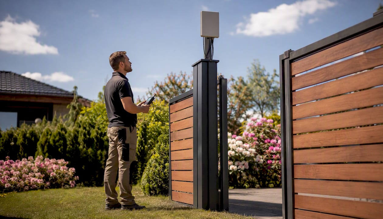Installer testing signal strength at cellular antenna