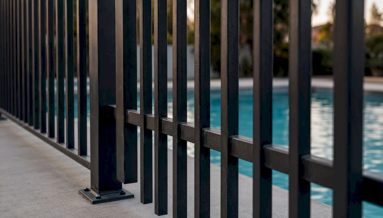 Metal picket pool fence with outside rails detail