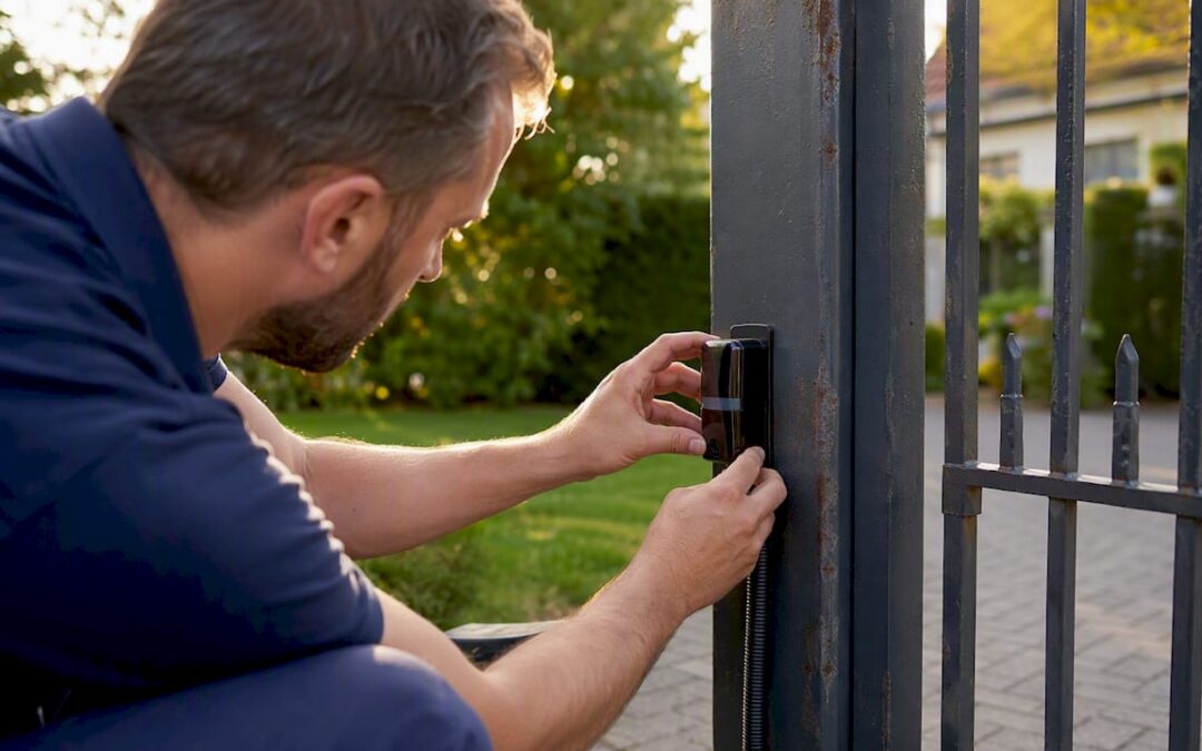 Hands installing gate safety photoelectric sensor