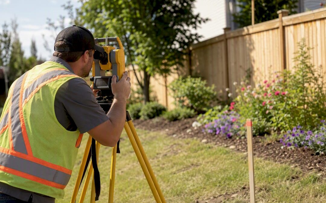Land surveyor measuring fence boundary