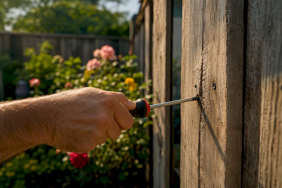 Screwdriver testing damaged wood fence board