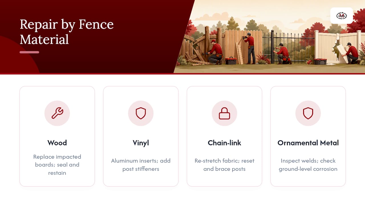 Diagram comparing fence repair methods by material type