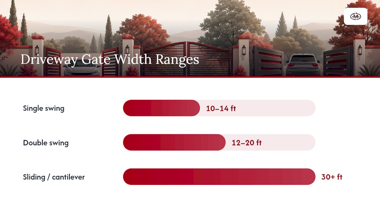 Diagram showing driveway gate width ranges by gate type