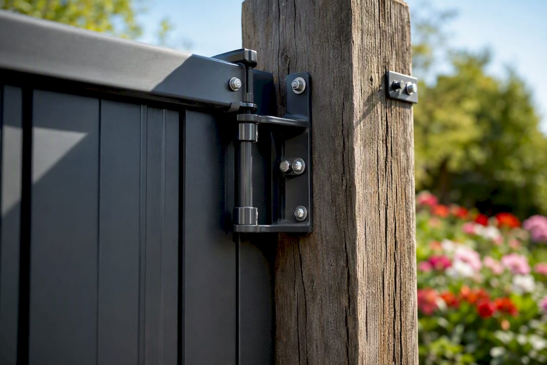 Driveway gate hinge and latch hardware close-up