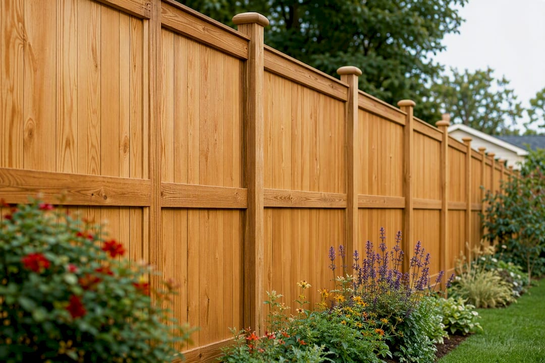 Wooden privacy fence detail in yard