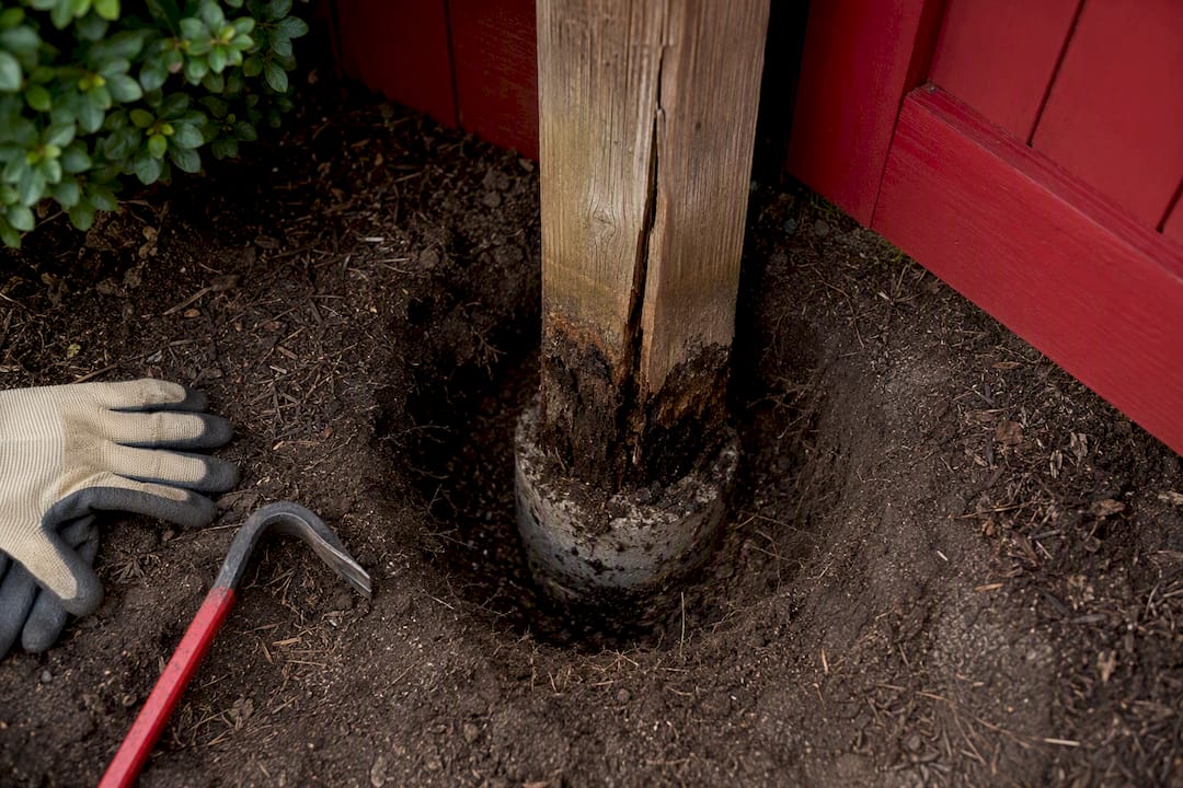 Rotted gate post exposed below soil
