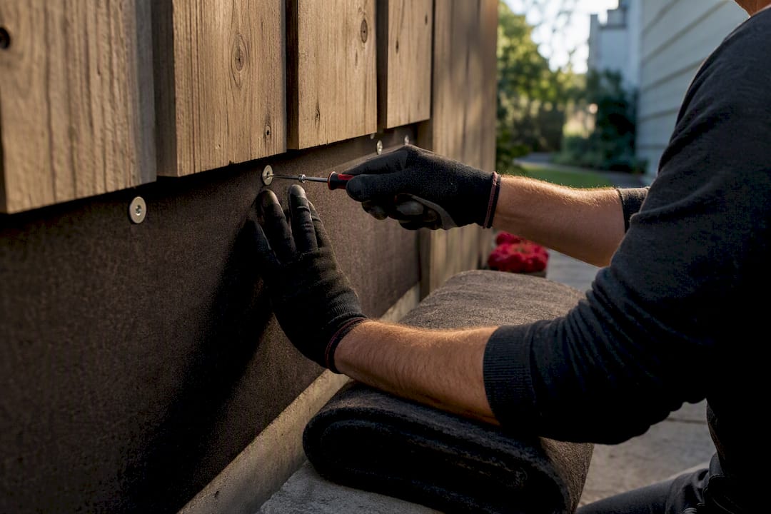 Hands attaching acoustic membrane behind fence boards