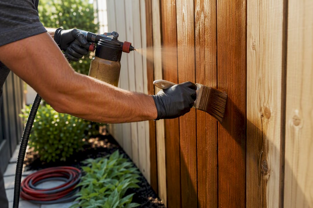 Spraying and brushing wood fence stain