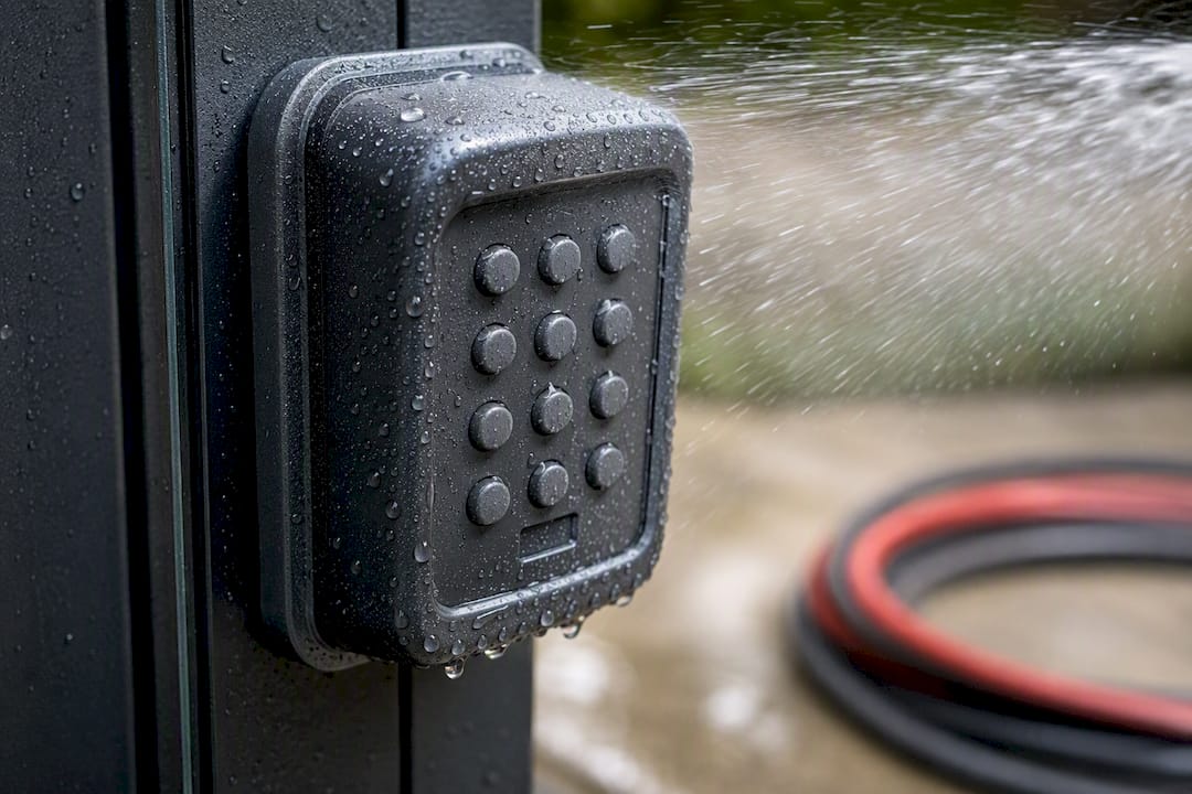 Water droplets on weatherproof gate keypad